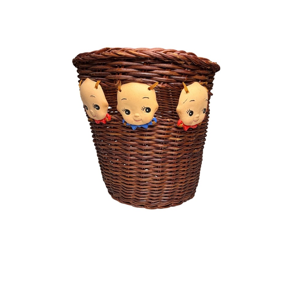 Vintage Kewpie Doll Head Wicker Basket Mid Century Nursery Decor Garbage Can
